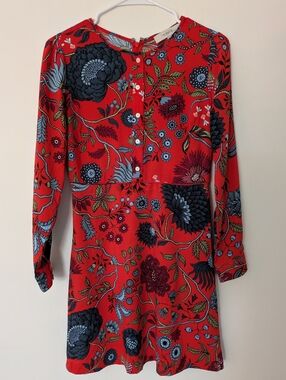 LOFT Red Floral Button-Front Dress with Blue Accents ~ Sz 2P